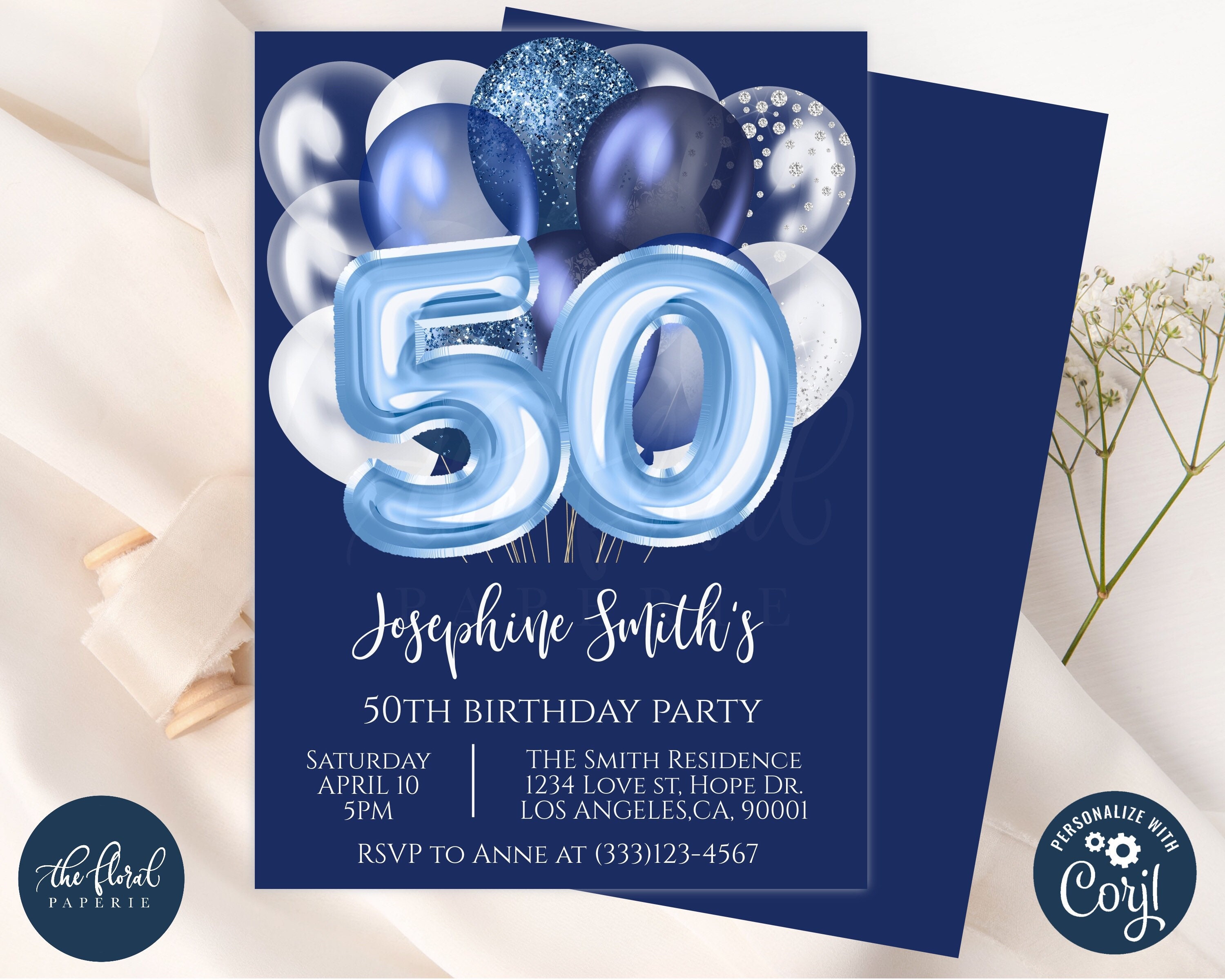 50th Birthday Invitation Template Editable Blue And White Etsy