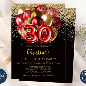 black red and gold birthday invitation template, editable 30th birthday invitations, balloons birthday party invites, adult birthday invites