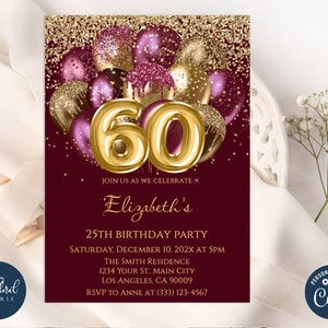 60th birthday invitation template, burgundy and gold birthday, editable balloons birthday party invites, adult party invite, 60 birthday