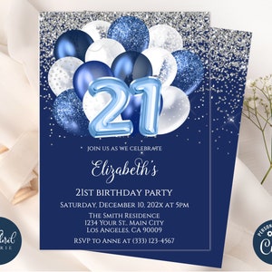 21st birthday invitation template, editable blue and white birthday invite, balloons birthday party invites, adult party invite, 21 birthday