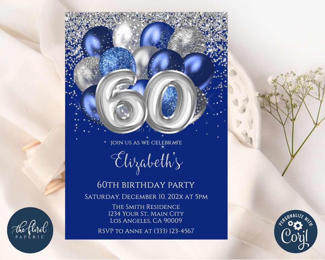 60th Birthday Invitation Template, Navy Blue and Silver Birthday ...