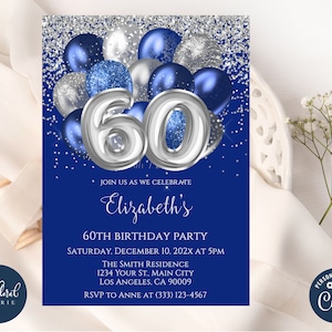 Plantilla de invitación para el 60 cumpleaños, cumpleaños azul marino y plateado, invitaciones para fiestas de cumpleaños con globos editables, invitación para fiestas de adultos, 60 cumpleaños