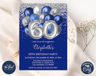 60th birthday invitation template, navy blue and silver birthday, editable balloons birthday party invites, adult party invite, 60 birthday