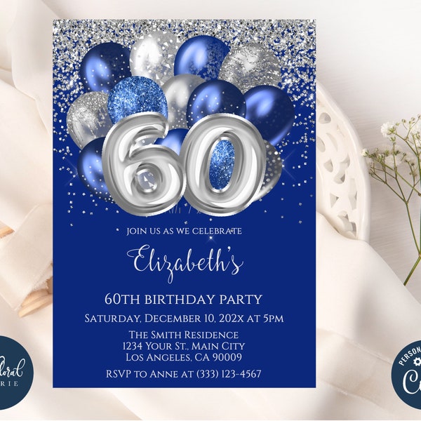 60th birthday invitation template, navy blue and silver birthday, editable balloons birthday party invites, adult party invite, 60 birthday