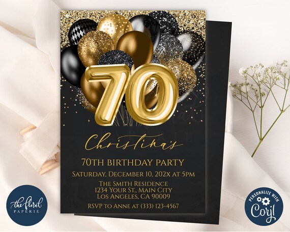 Black and Gold Balloons Birthday Invitation Template, 70th Party Invites, Digital or Printed