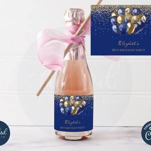 blue and gold mini champagne label template, editable wine bottle labels, printable wine bottle stickers, party favors, wedding favor,