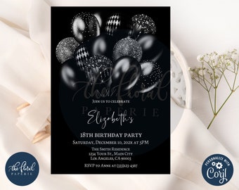 black birthday invitation template, editable all black party invitations, black balloons invitations, all black birthday, all black affair