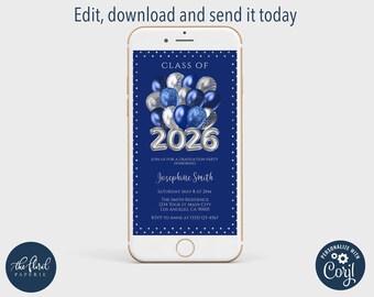 Navy Blue and Silver Graduation Phone Invitation Template , Class of 2026 (Digital)