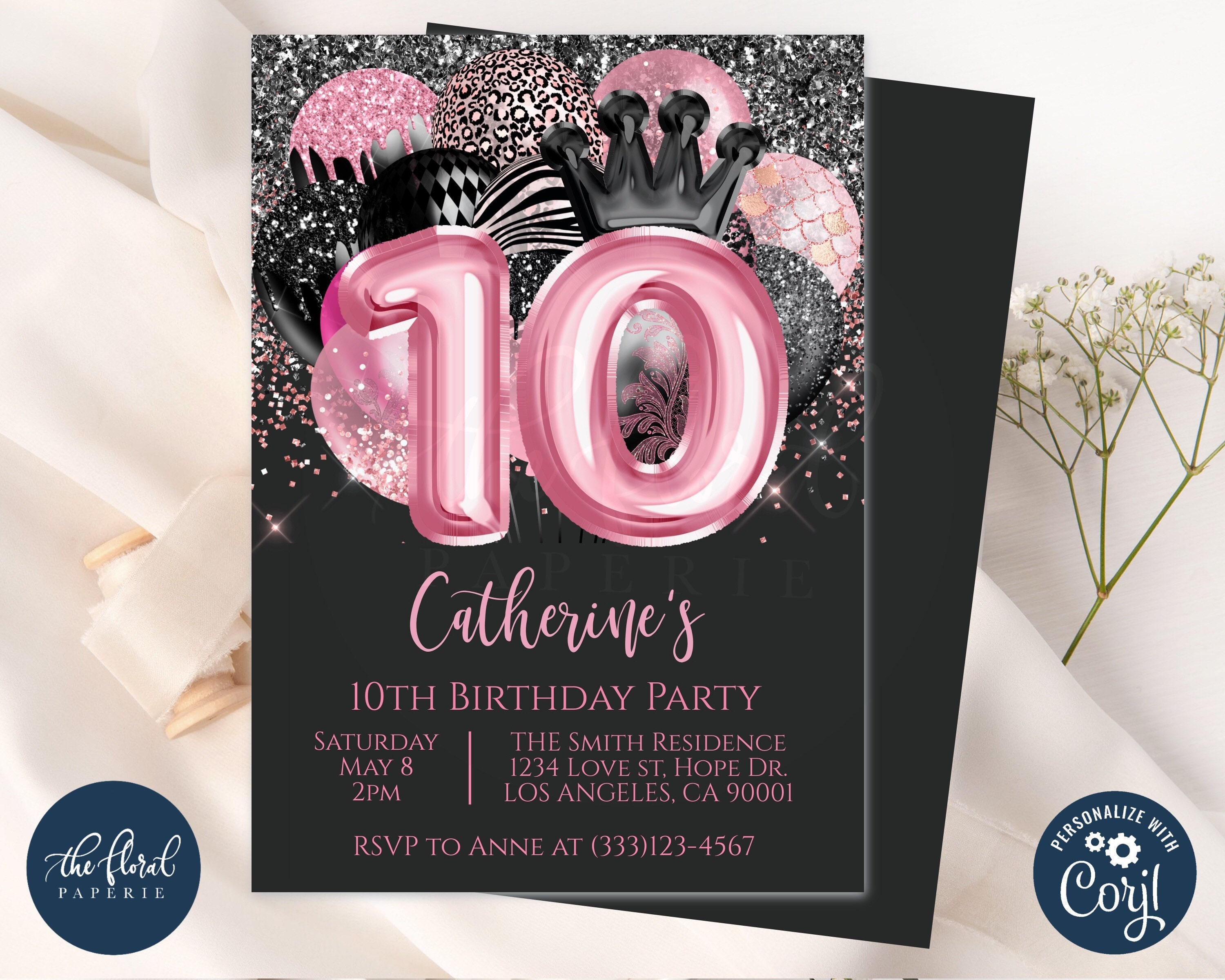 10th-birthday-invitation-template-editable-black-and-pink-etsy