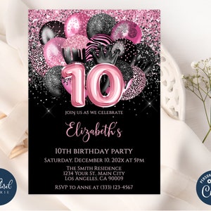 10th birthday invitation template, editable black and pink birthday invitation, balloons birthday invites, girl birthday, princess birthday