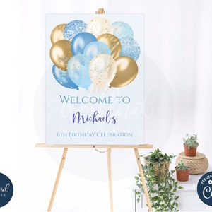 blue  and gold birthday Welcome Sign template, printable princess birthday welcome sign poster, kids birthday, boy birthday party decor,