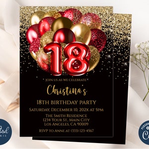 black red and gold birthday invitation template, editable 18th birthday invitations, balloons birthday party invites, adult birthday invites