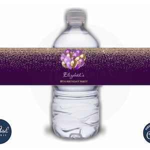 purple and gold water bottle label template, editable balloons water bottle wrap, printable girl birthday bottle labels, water bottle labels
