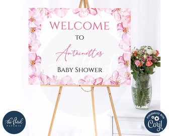 cherry blossom welcome sign template, printable cherry blossoms party decor, pink floral welcome sign, editable sakura welcome poster, TFP18