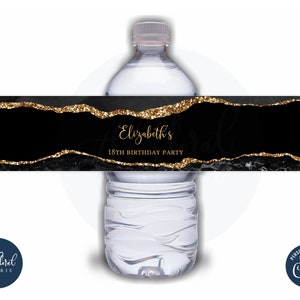 black and gold water bottle label template, editable agate water bottle stickers, birthday favors, bottle labels, water bottle wrapper TFP01