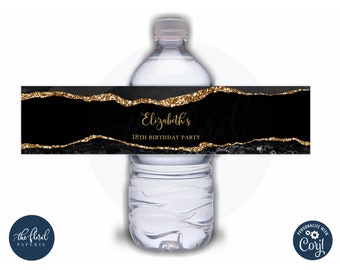 black and gold water bottle label template, editable agate water bottle stickers, birthday favors, bottle labels, water bottle wrapper TFP01