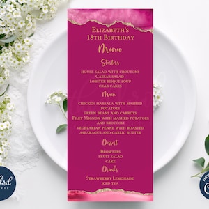 pink and gold menu card template, editable event menu card, printable menu card, dinner menu card, agate menu card, birthday menus TFP06