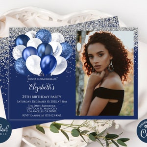 navy blue and white birthday invitation template, editable birthday invitations, balloons birthday party invites, photo invitations