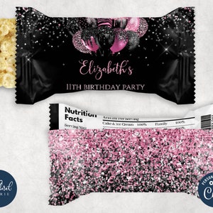 black and pink rice krispies wrapper template, editable rice crispy wrapper, printable rice krispies treat labels, birthday favors