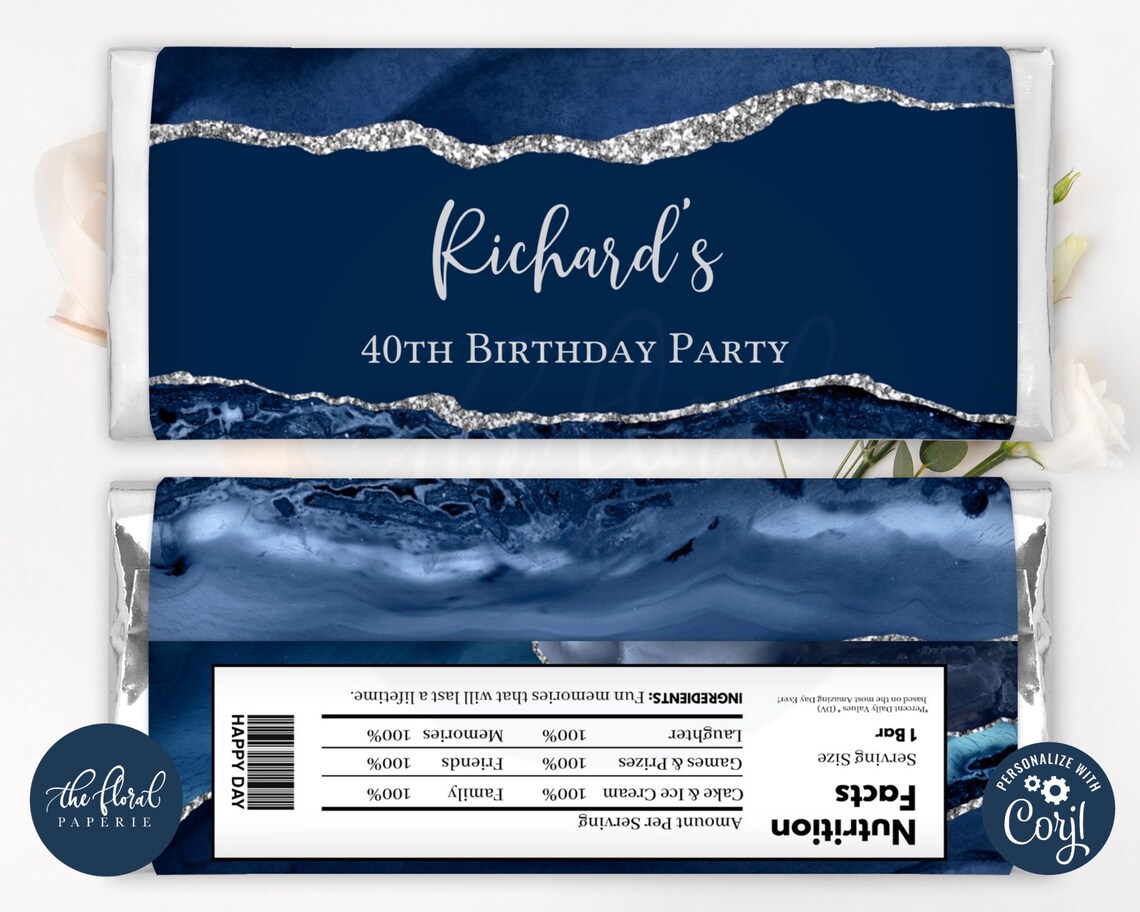 Blue and Silver Chocolate Wrapper Template Editable Candy Bar - Etsy