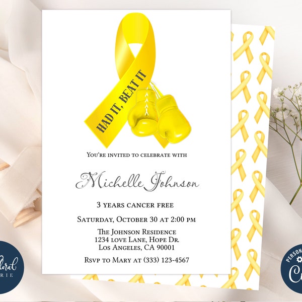 bone cancer survivor invitation template, editable yellow ribbon invitation, cancer fighter invitation, cancer free invite, fight cancer