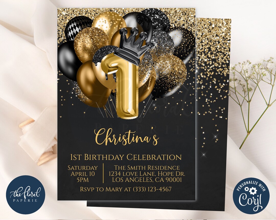 1st Birthday Invitation Template Editable Black and Gold Etsy