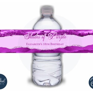 Schattierungen von lila Wasserflasche Etikett Vorlage, editierbarer Wasserflasche Aufkleber, Geburtstagsgeschenke, Wasserflasche Geschenk, Wasserflasche Wrapper TFP41