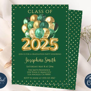 graduation party invitation template, editable green and gold graduation party invites, class of 2025, graduation celebration invites