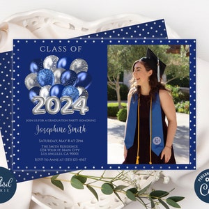 graduation party invitation template, editable navy blue and silver graduation party invite, class of 2024, graduation invitation with photo