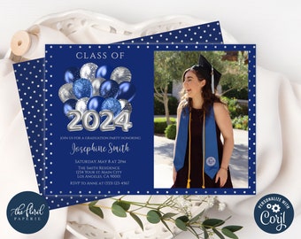 graduation party invitation template, editable navy blue and silver graduation party invite, class of 2024, graduation invitation with photo
