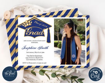 Blue and Gold Graduation Party Invitation Template, Class of 2026 Photo Invite (Digital)