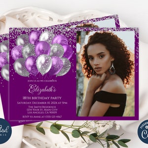 modèle d&#39;invitation d&#39;anniversaire violet et argent, invitations d&#39;anniversaire modifiables avec photo, invitation de fête d&#39;anniversaire de ballons, invitation photo