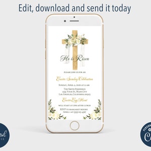 May include: A digital invitation for an Easter Sunday celebration. The invitation features a gold cross with white flowers and the text "He is Risen". The invitation also includes the date, time, and location of the event, as well as an Easter egg hunt.