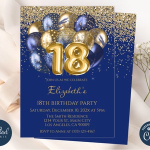 Plantilla de invitación para el cumpleaños número 18, invitación de cumpleaños azul marino y dorado, invitaciones de fiesta de cumpleaños con globos editables, invitaciones de fiesta de cumpleaños para adultos