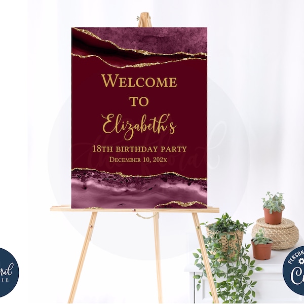 burgundy and gold birthday Welcome Sign template, printable birthday welcome sign poster, adult birthday, reception sign, party decor TFP29