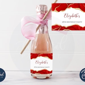 red and gold mini champagne label template, editable wine bottle labels, printable wine bottle stickers, party favors, wedding favor TFP37