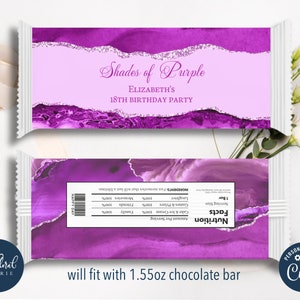 shades of purple chocolate wrapper template, editable candy bar wrapper, purple chocolate bar wrapper, chocolate bar birthday favors TFP41