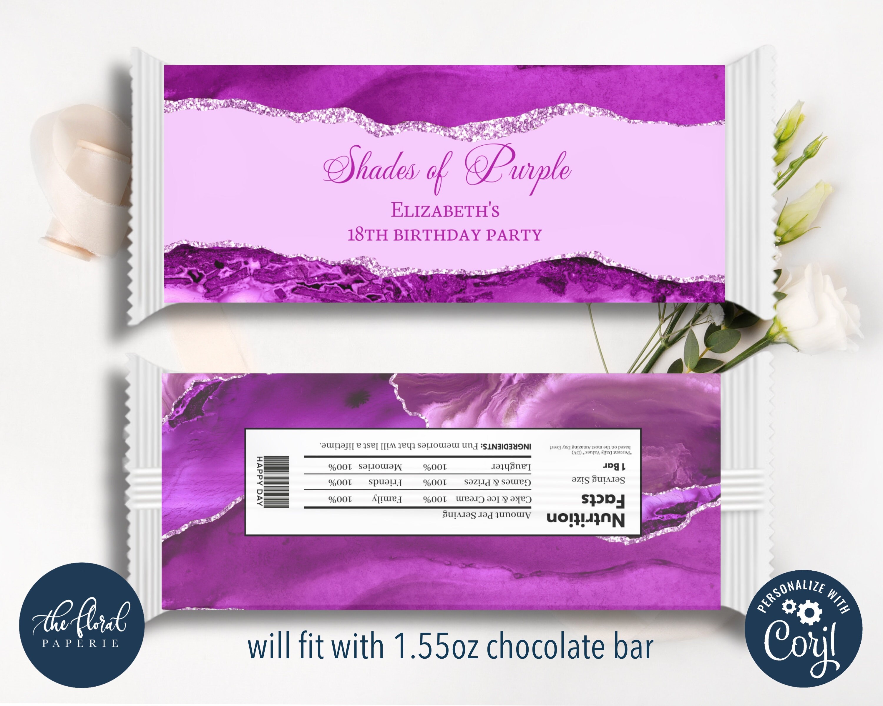Gift Rapper Violet Purple Chocolate Wrapper Template, Editable Birthday Favor (digital ...