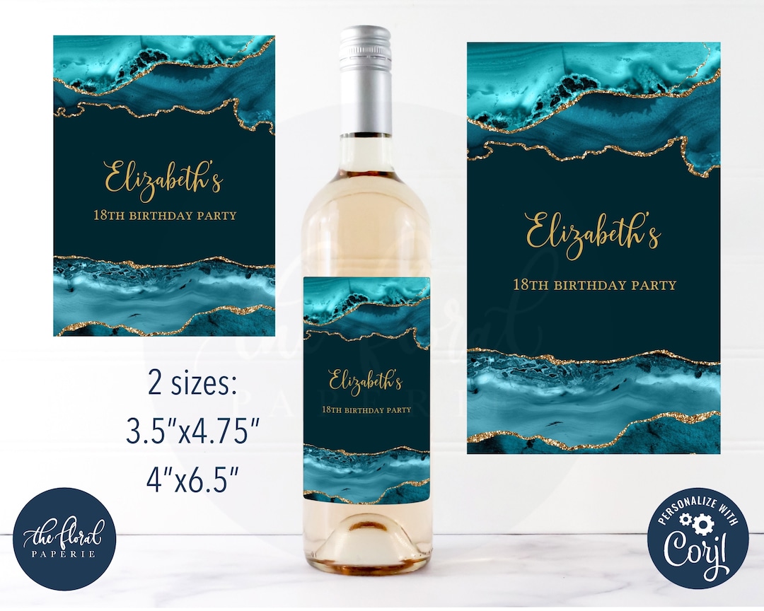 Printable Wine Label Template, Editable Teal and Gold Agate Wine Bottle ...