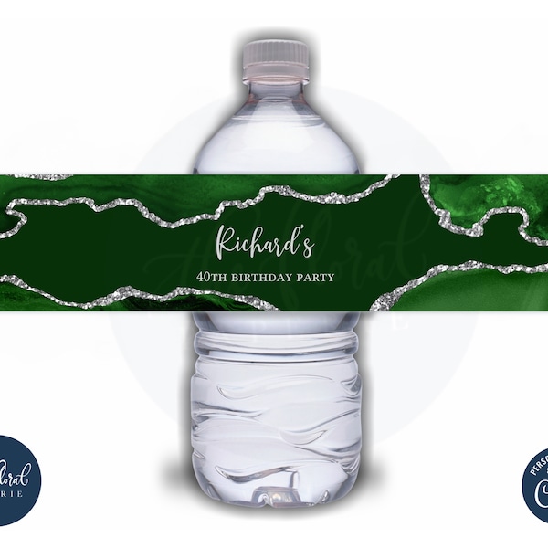 green and silver water bottle label template, editable agate water bottle stickers, birthday favors, bottle labels, water bottle wrap tfp25