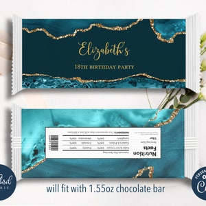 teal and gold chocolate wrapper template, editable candy bar wrapper, printable chocolate bar wrapper, chocolate bars birthday favors TFP35