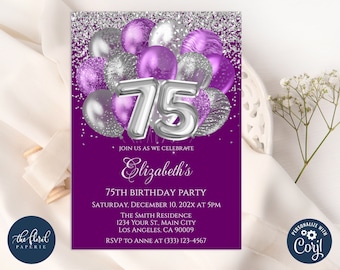 Purple and Silver 75th Birthday Invitation Template, Balloon Party Invite (Digital)