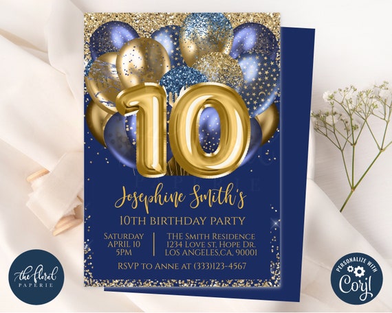10th Birthday Invitation Template Navy Blue and Gold | Etsy