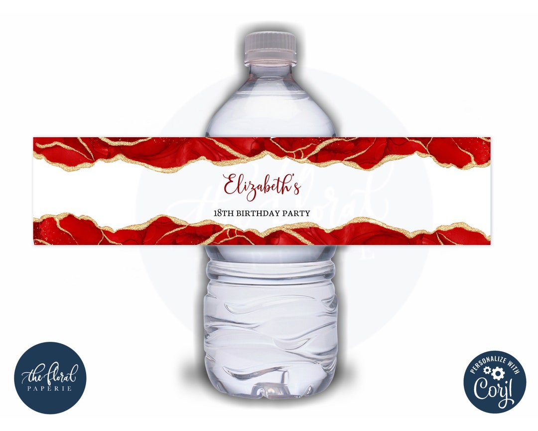 Red and Gold Water Bottle Label Template, Editable Agate Water Bottle ...