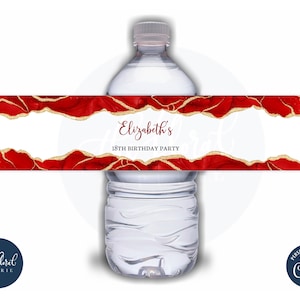 red and gold water bottle label template, editable agate water bottle stickers, birthday favors, bottle labels, water bottle wrapper TFP37