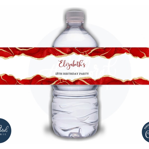 red and gold water bottle label template, editable agate water bottle stickers, birthday favors, bottle labels, water bottle wrapper TFP37