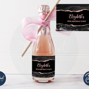 black and rose gold mini champagne label template, editable wine bottle labels, printable wine bottle stickers, party favors, wedding favors