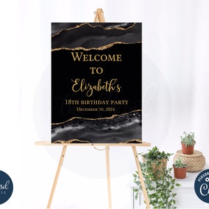 black and gold birthday Welcome Sign template, printable birthday welcome sign poster, adult birthday, black and gold party decor TFP01