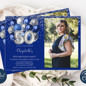 May include: Blue and silver birthday party invitation with a photo of a woman and the text "Join us as we celebrate Elizabeth's 50th Birthday Party".