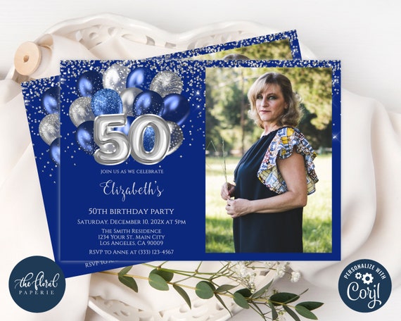 Dark Blue and Silver Balloons Birthday Invitation Template, 50th Party Invites, Digital or Printed